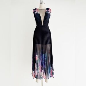 BEBE Dress Women 2 High Low Floral Sheer Accordion Pleat Whimsy Romantic Fairy